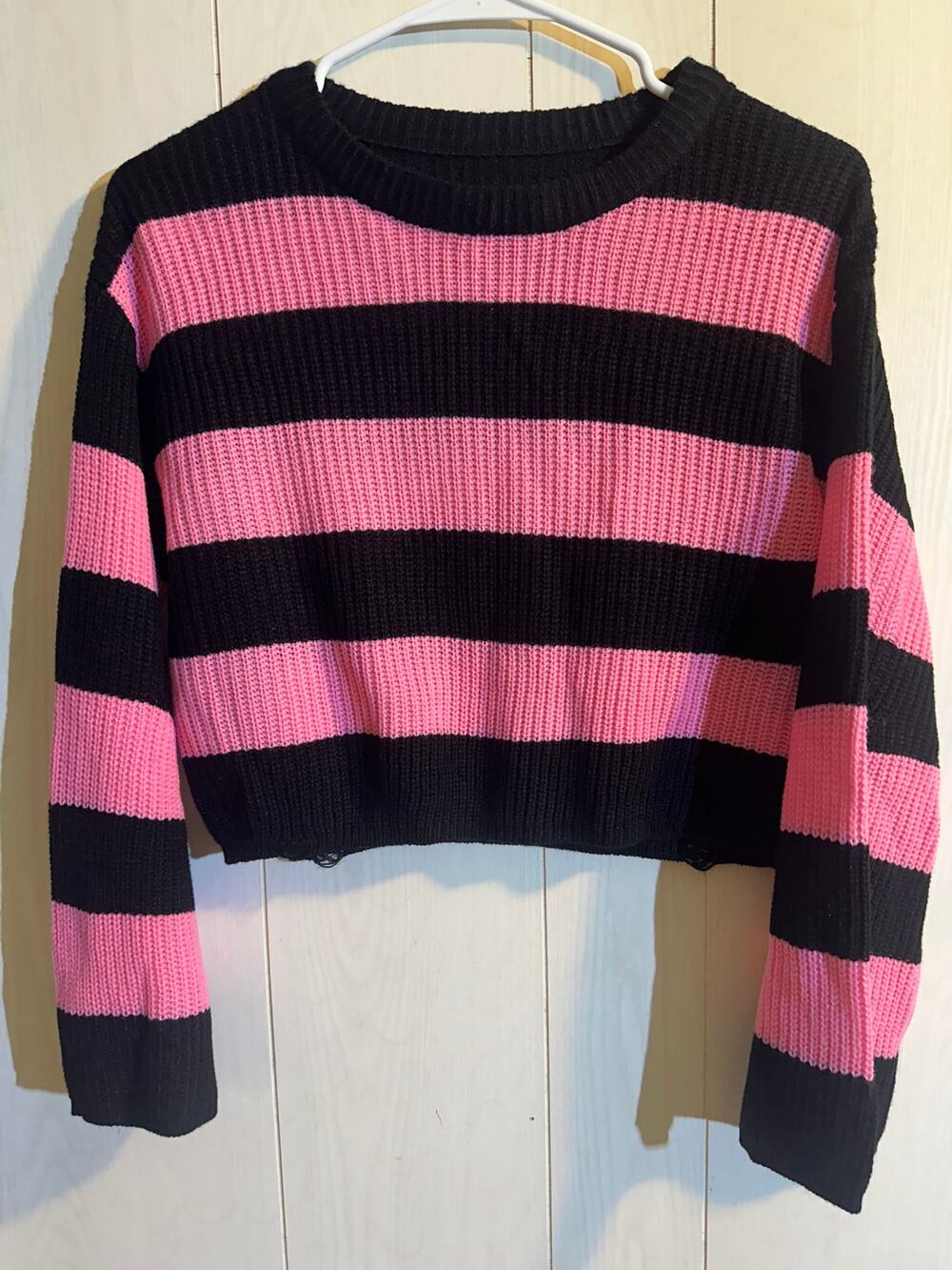 Girls 11-12Y Black Pink Striped Emo Punk Cropped Sweater Distressed Hem Ribbed